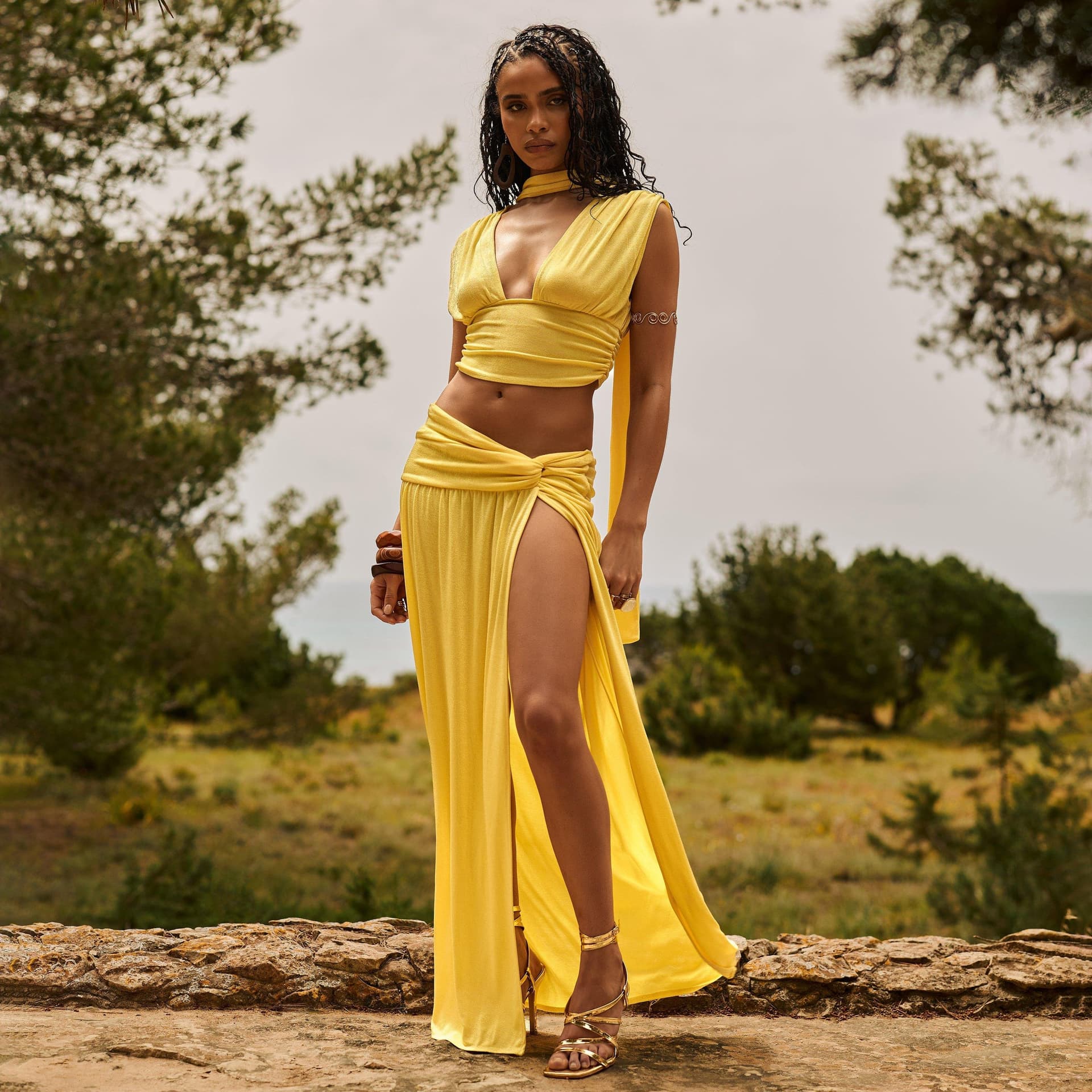 EGO Knot Detail Split Leg Maxi Skirt In Lemon, Women's Size UK 6