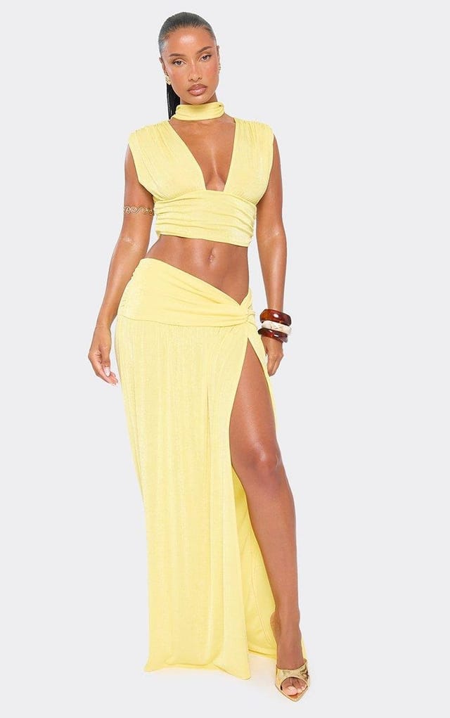 EGO Knot Detail Split Leg Maxi Skirt In Lemon, Women's Size UK 6 - 2
