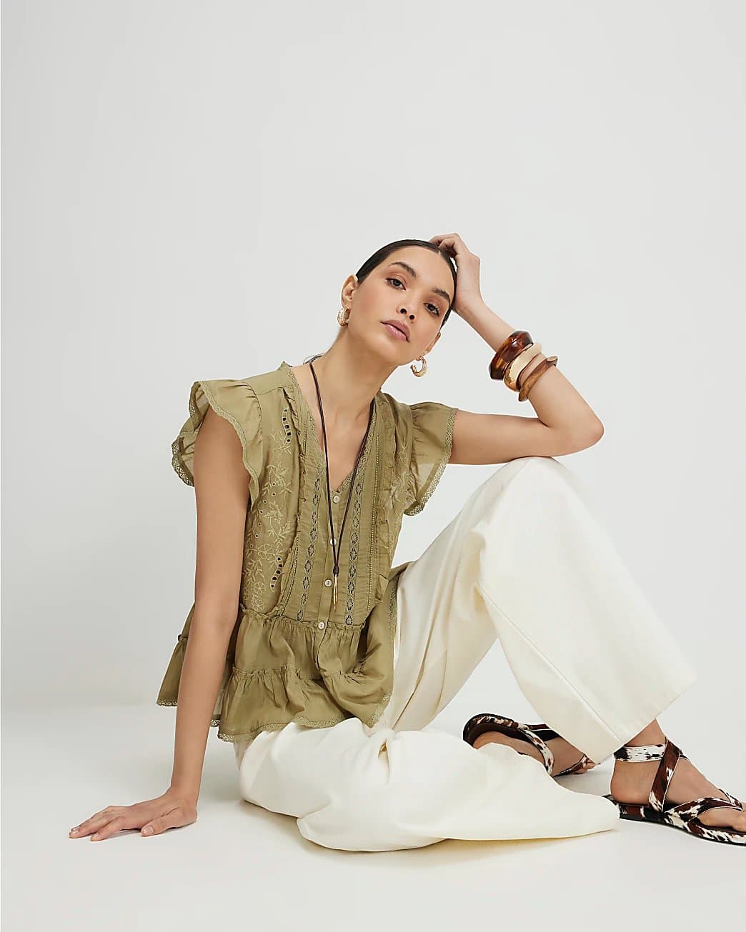 River Island River Island Womens Khaki Cotton Blend Beaded Ruffle Smock Blouse