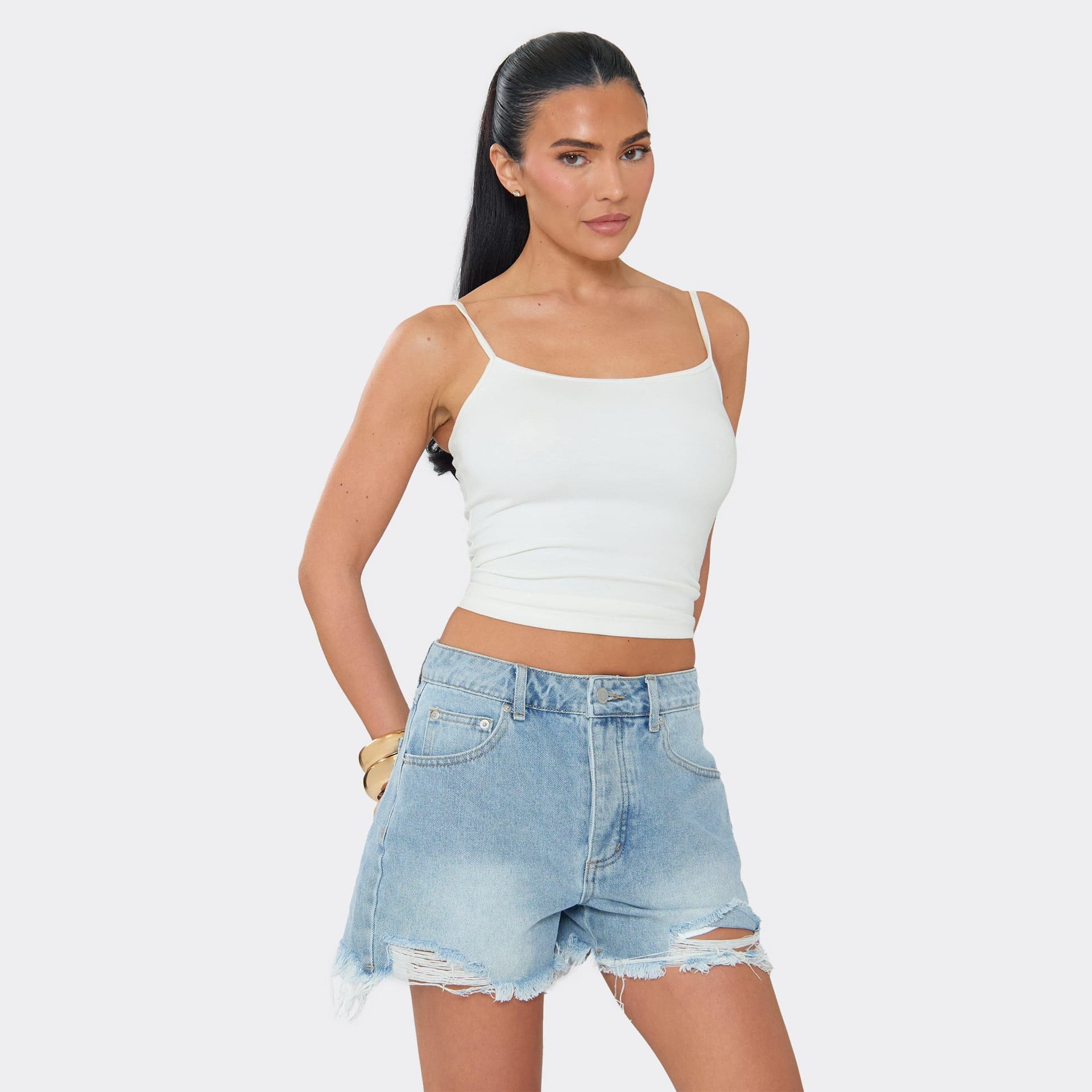 EGO Mid Rise Distressed Detail Shorts In Light Blue Wash Denim, Women's Size UK 6