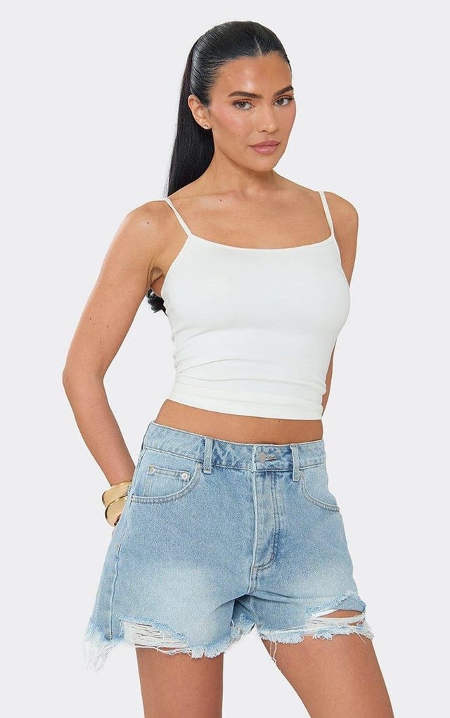 EGO Mid Rise Distressed Detail Shorts In Light Blue Wash Denim, Women's Size UK 6 - 2