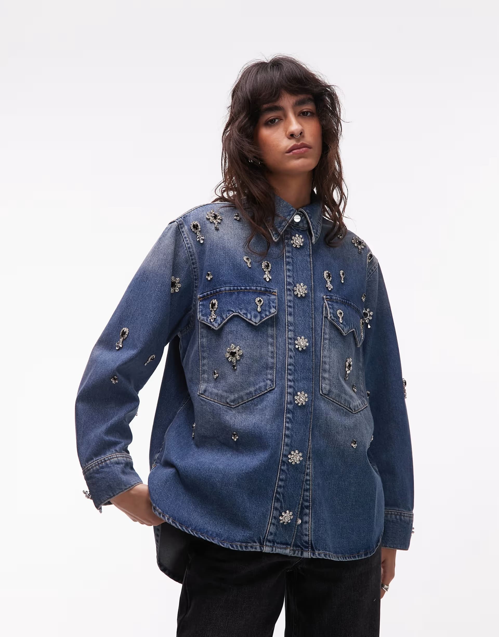 ASOS Allsaints Embellished Denim Overshirt in Vintage Indigo