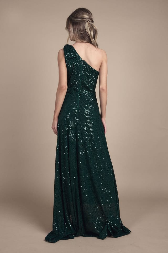 Coast Coast Women's Teen Sequin Bow One Shoulder Maxi Bridesmaid Dress in Emerald - 2