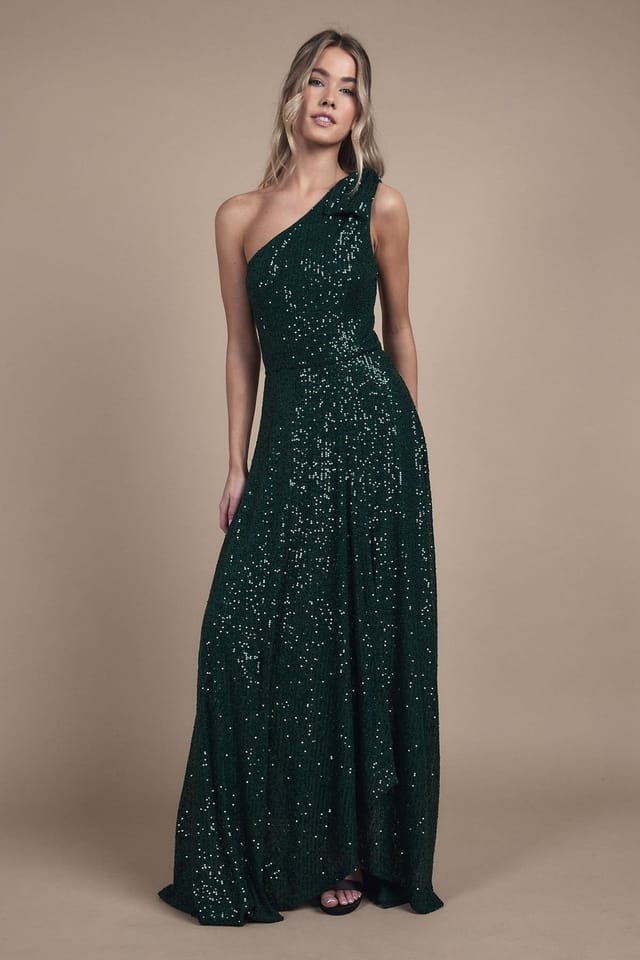 Coast Coast Women's Teen Sequin Bow One Shoulder Maxi Bridesmaid Dress in Emerald - 3