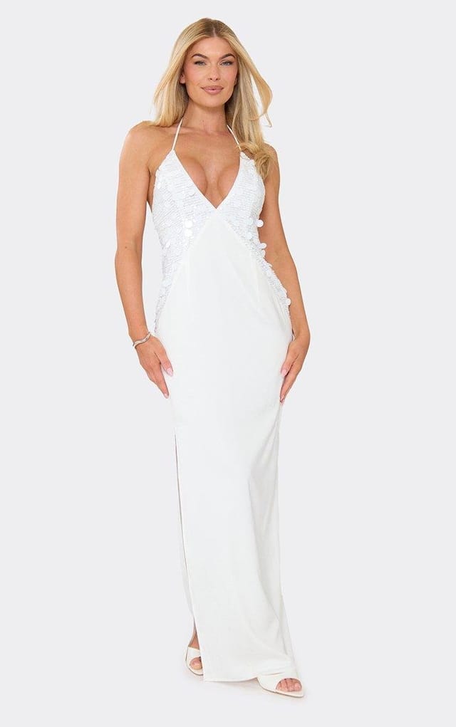 EGO Halterneck Plunge Front Sequin Contrast Maxi Dress In White, Women's Size UK 6 - 2