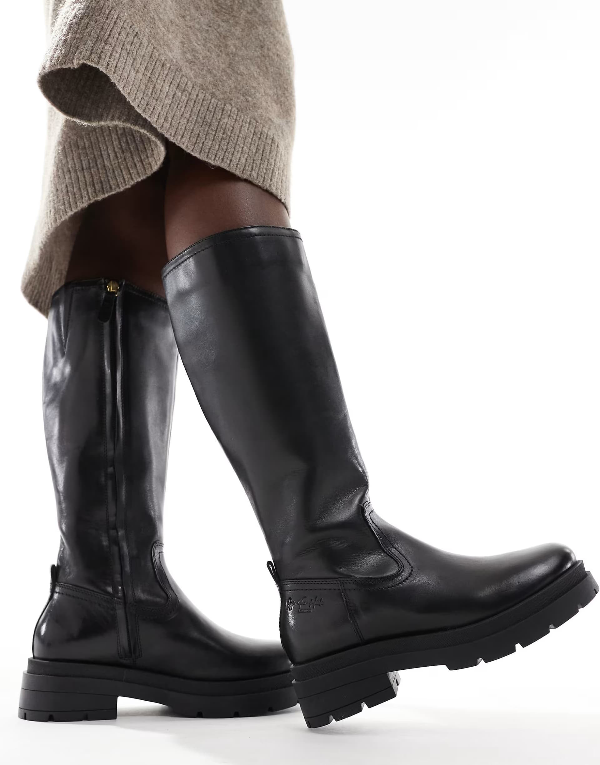 ASOS OFF THE HOOK BOND leather knee high biker boots in black 