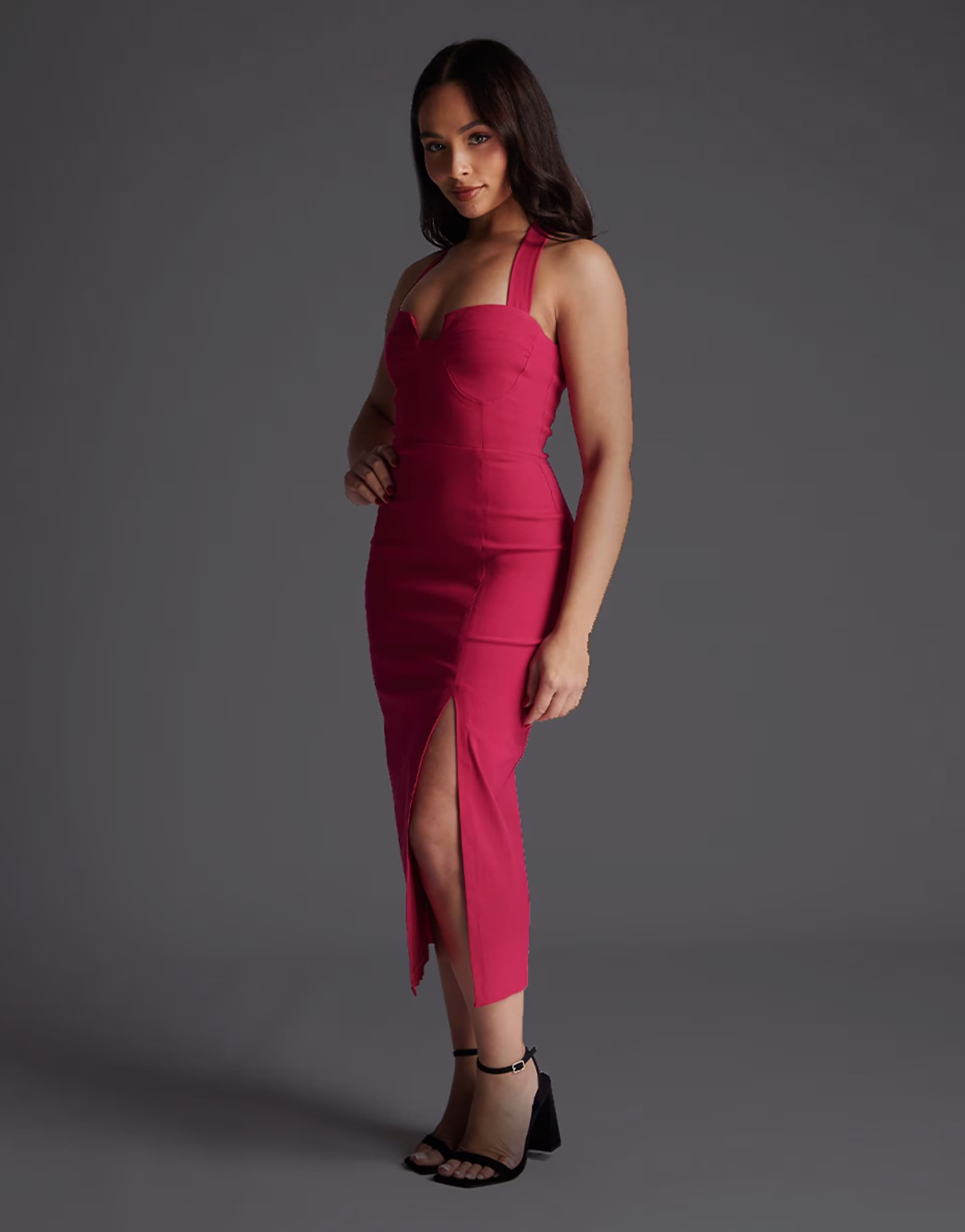 ASOS Vesper Petite Notch neck midaxi dress with thigh split in cerise