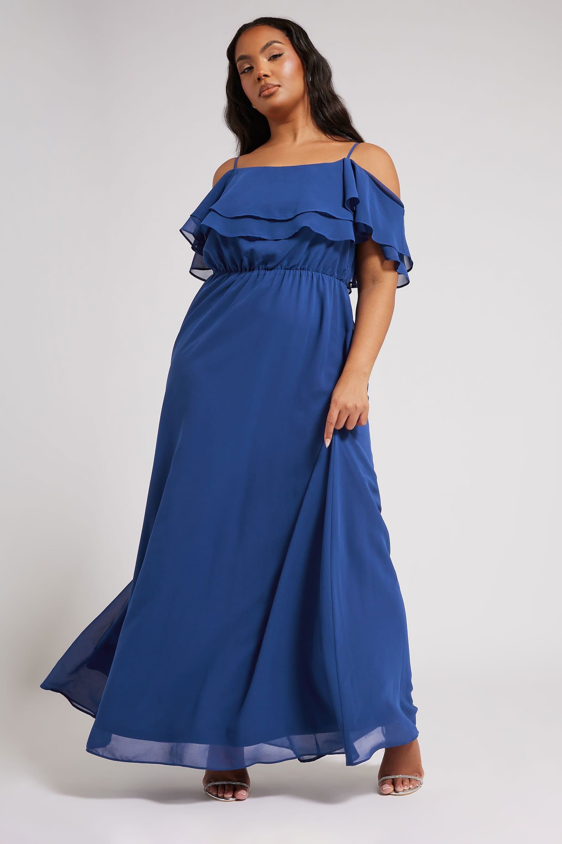 Yours Yours Women's Frill Cold Shoulder Maxi Dress in Cobalt