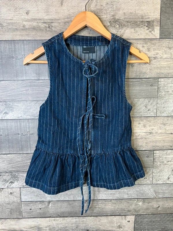 ASOS ASOS Design Denim Blouse Top Size XS Blue Pinstripe Tie Front Boho