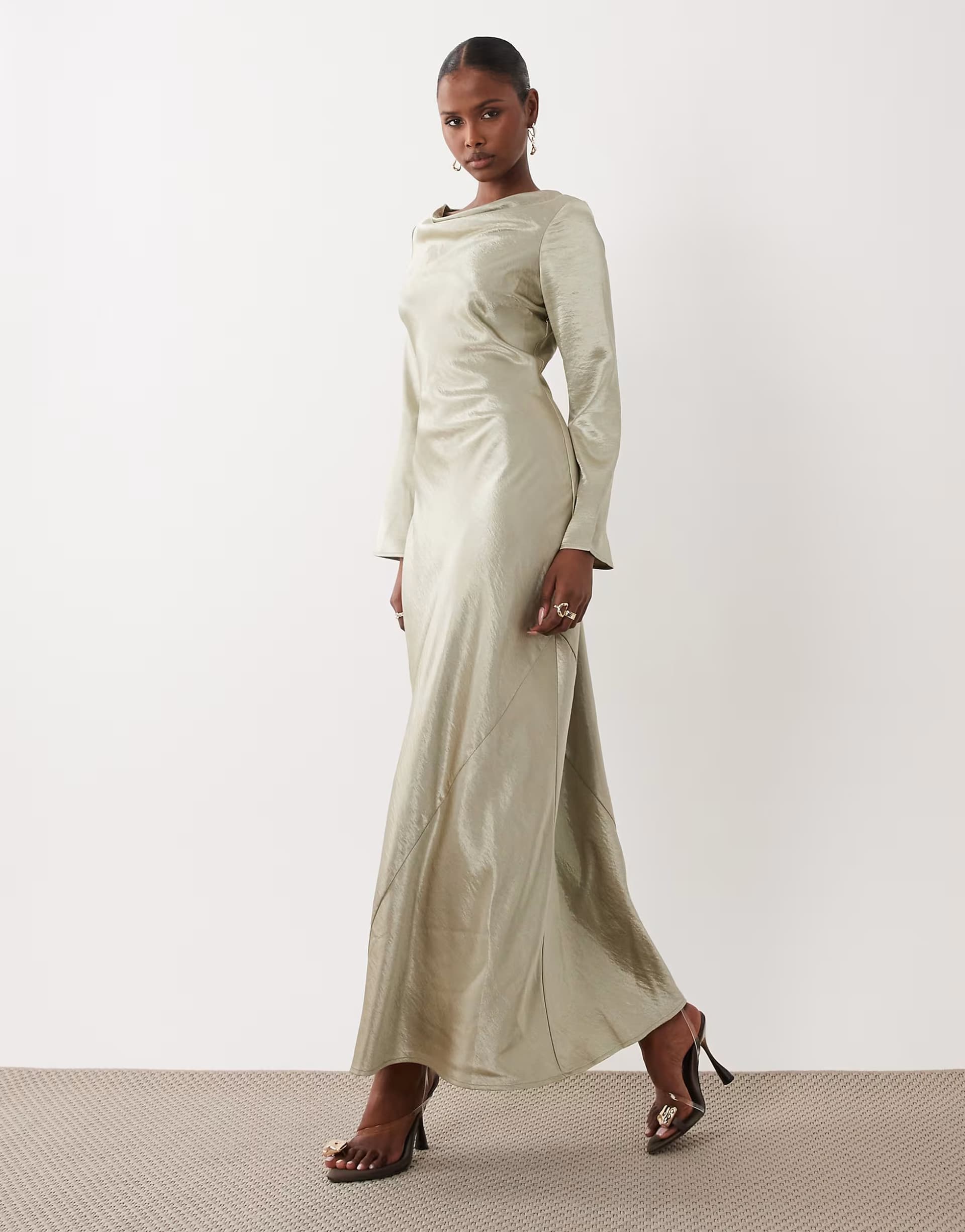 ASOS TFNC satin flared long sleeve maxi dress in light olive