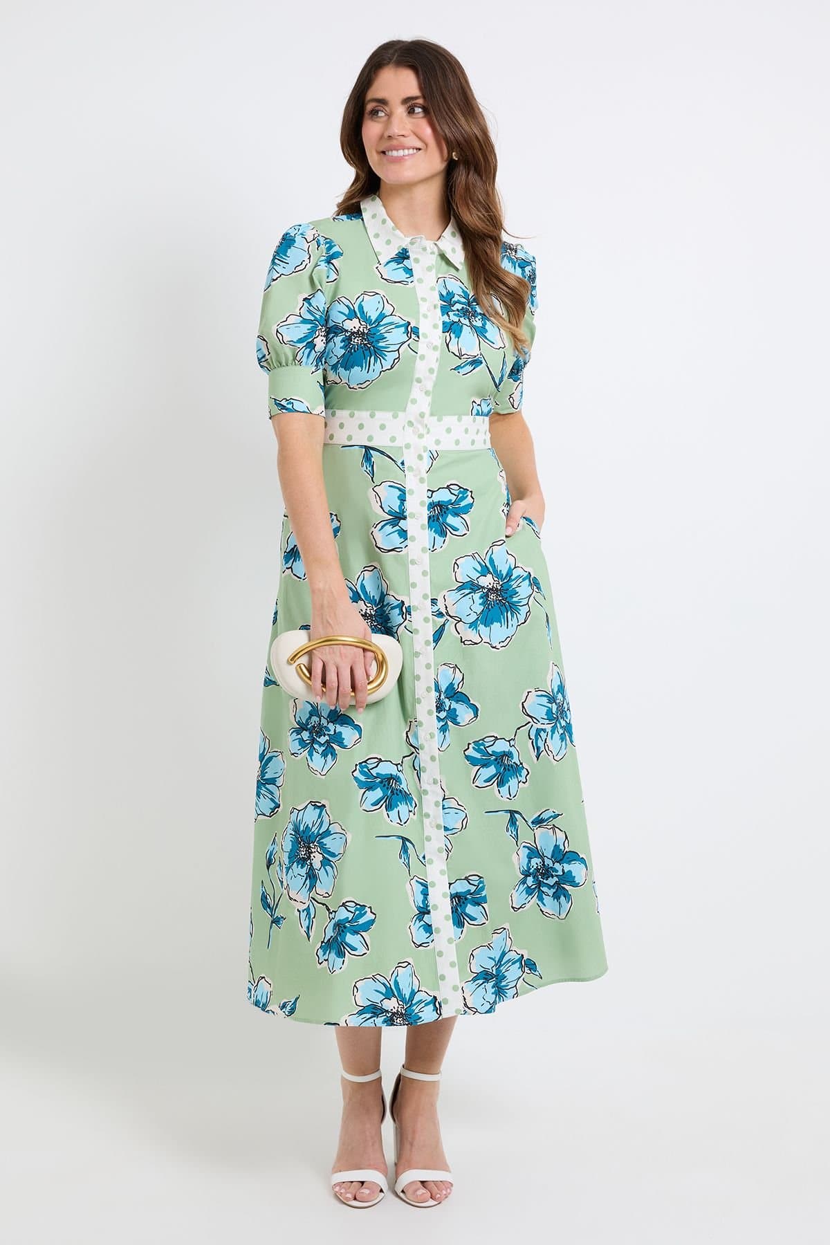 Wallis Wallis Women's Summer Cotton Floral Shirt dress in Green