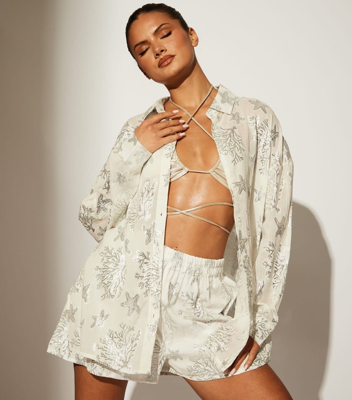 South Beach Women's White Starfish Jacquard Shirt South Beach New Look