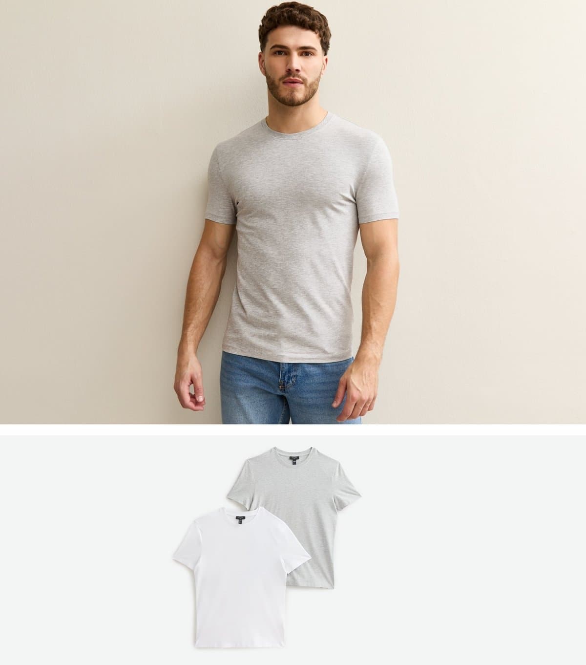 New Look Men's Pack of 2 White and Grey Muscle Fit Crew Neck T-Shirts New Look