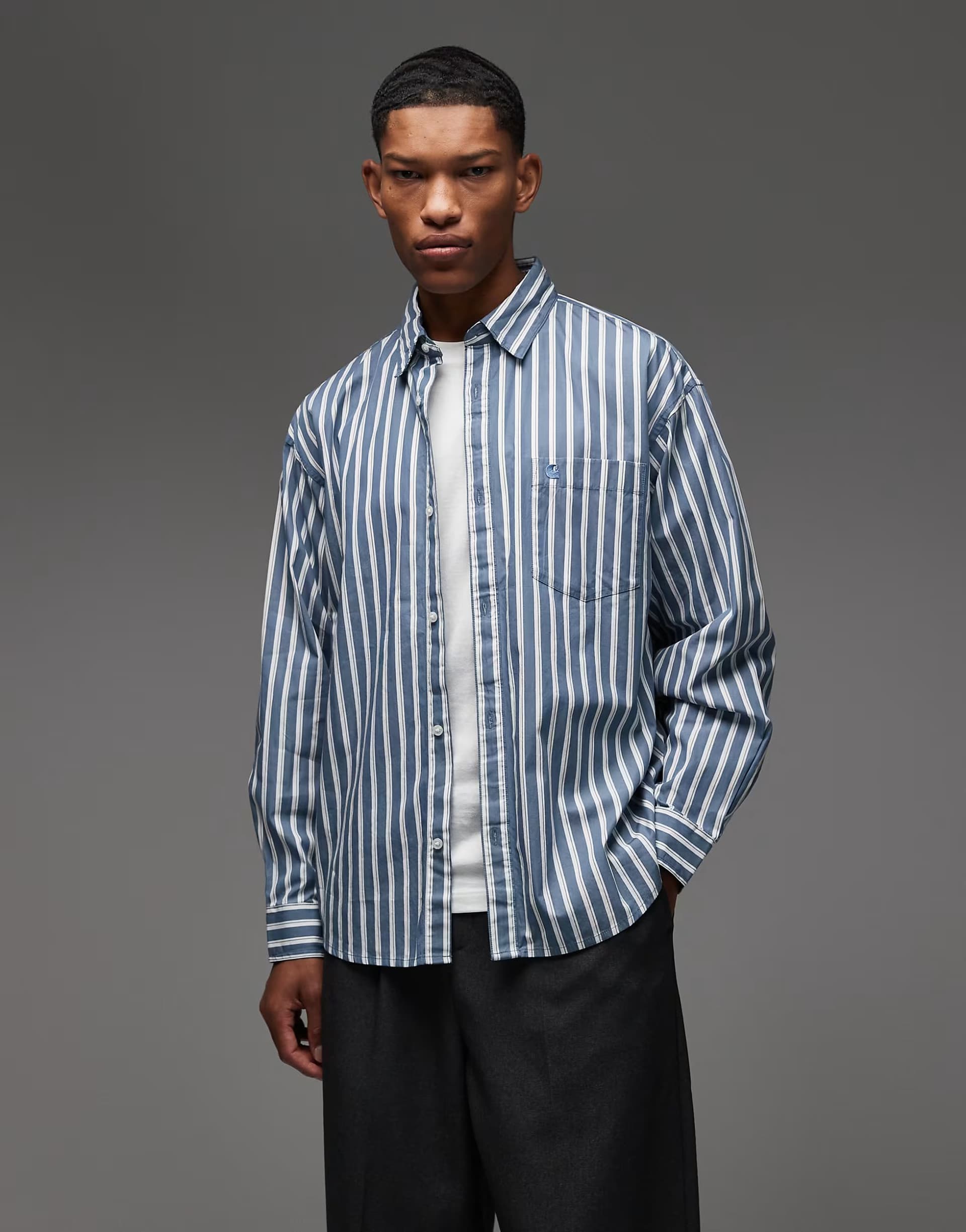 ASOS Carhartt WIP malden long sleeve shirt in dark blue and white stripe