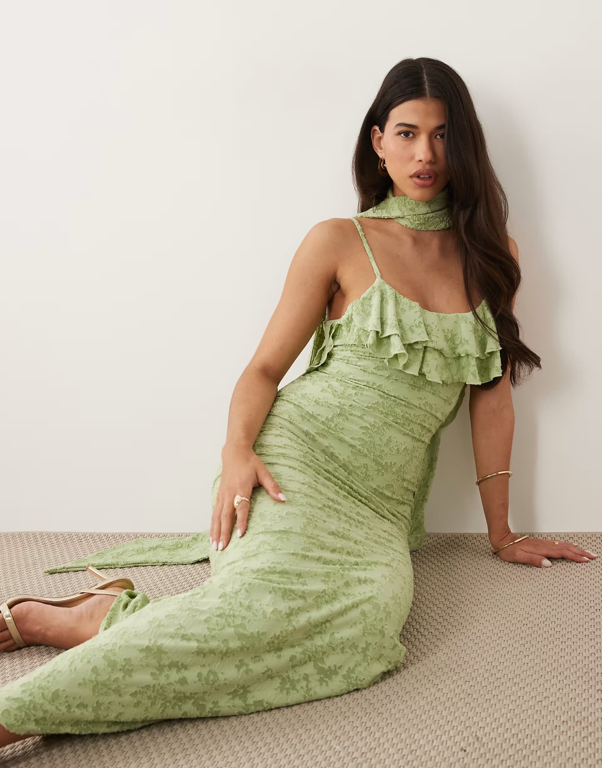 ASOS ASOS DESIGN devore frill neckline maxi dress with scarf detail in green