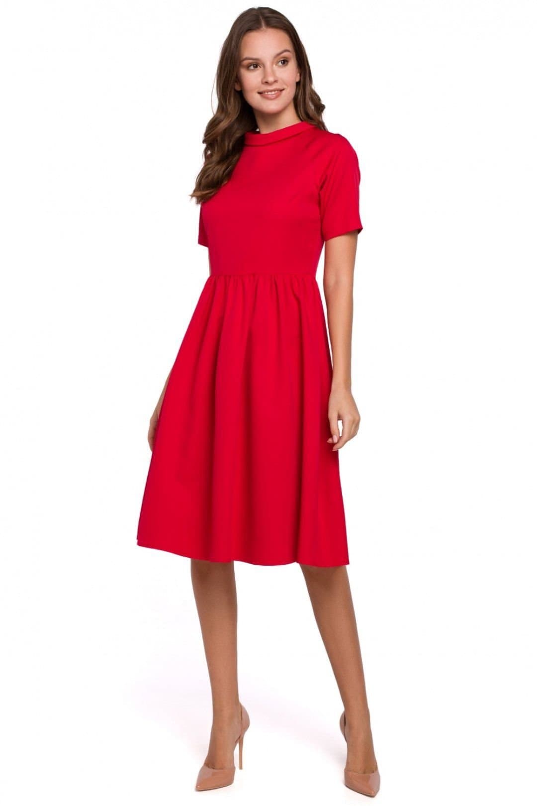 Love Lace Love Lace Women's Fitted Rolled Collar Ruffle Sleeve Midi Dress in Red