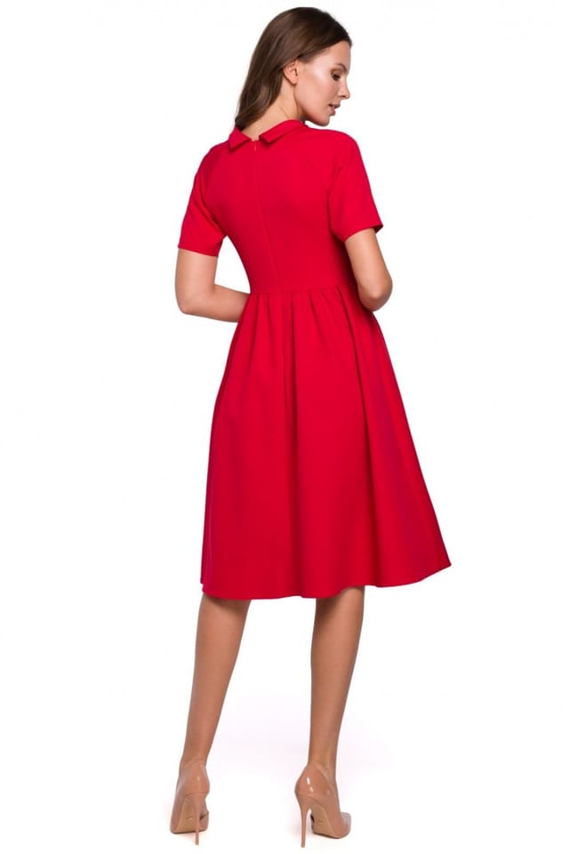 Love Lace Love Lace Women's Fitted Rolled Collar Ruffle Sleeve Midi Dress in Red - 2
