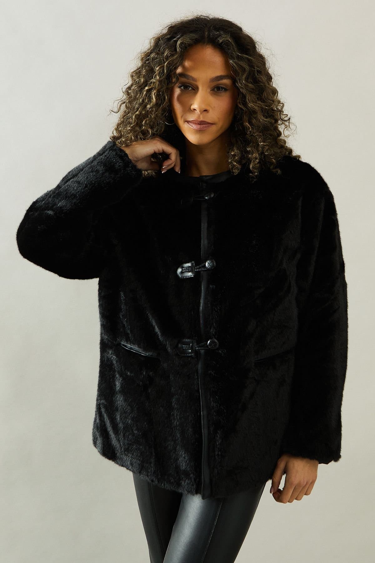 Wallis Wallis Black Faux Fur Jacket with PU Detail