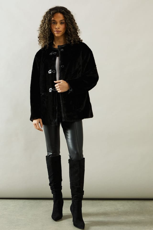 Wallis Wallis Women's PU Detail Faux Fur Jacket in Black - 2