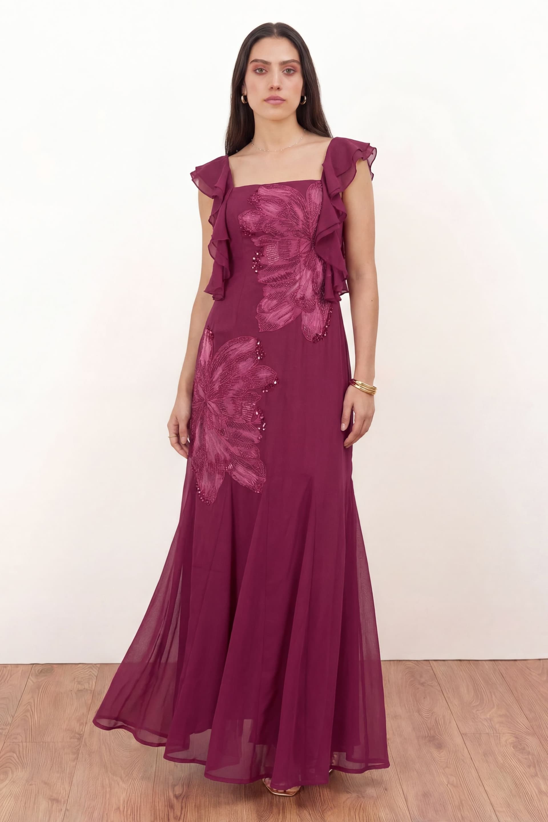 Maya Deluxe Maya Deluxe Women's Floral Embroidered Strappy Godet Maxi Dress in Dark Pink