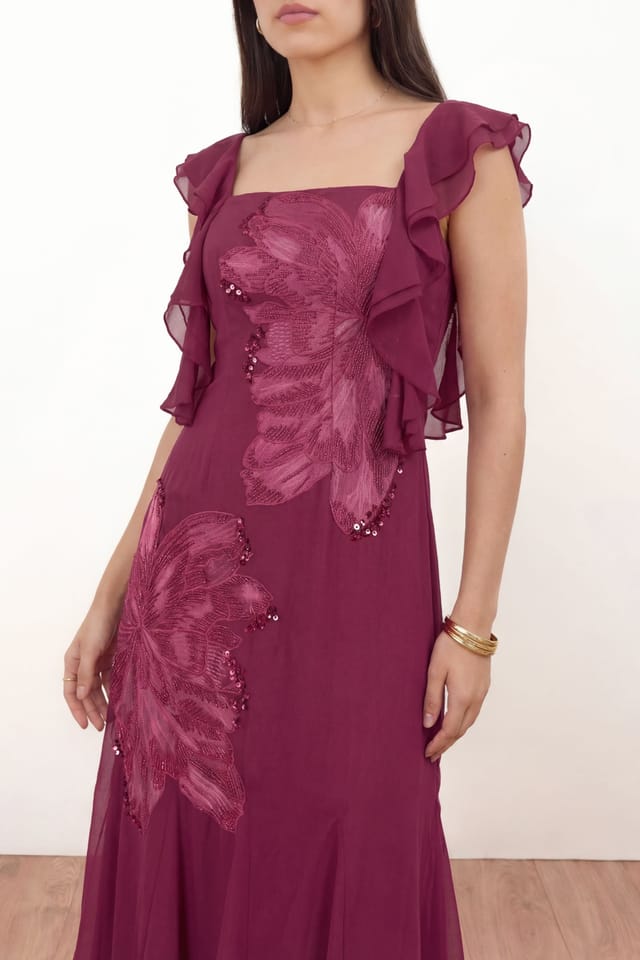 Maya Deluxe Maya Deluxe Women's Floral Embroidered Strappy Godet Maxi Dress in Dark Pink - 3