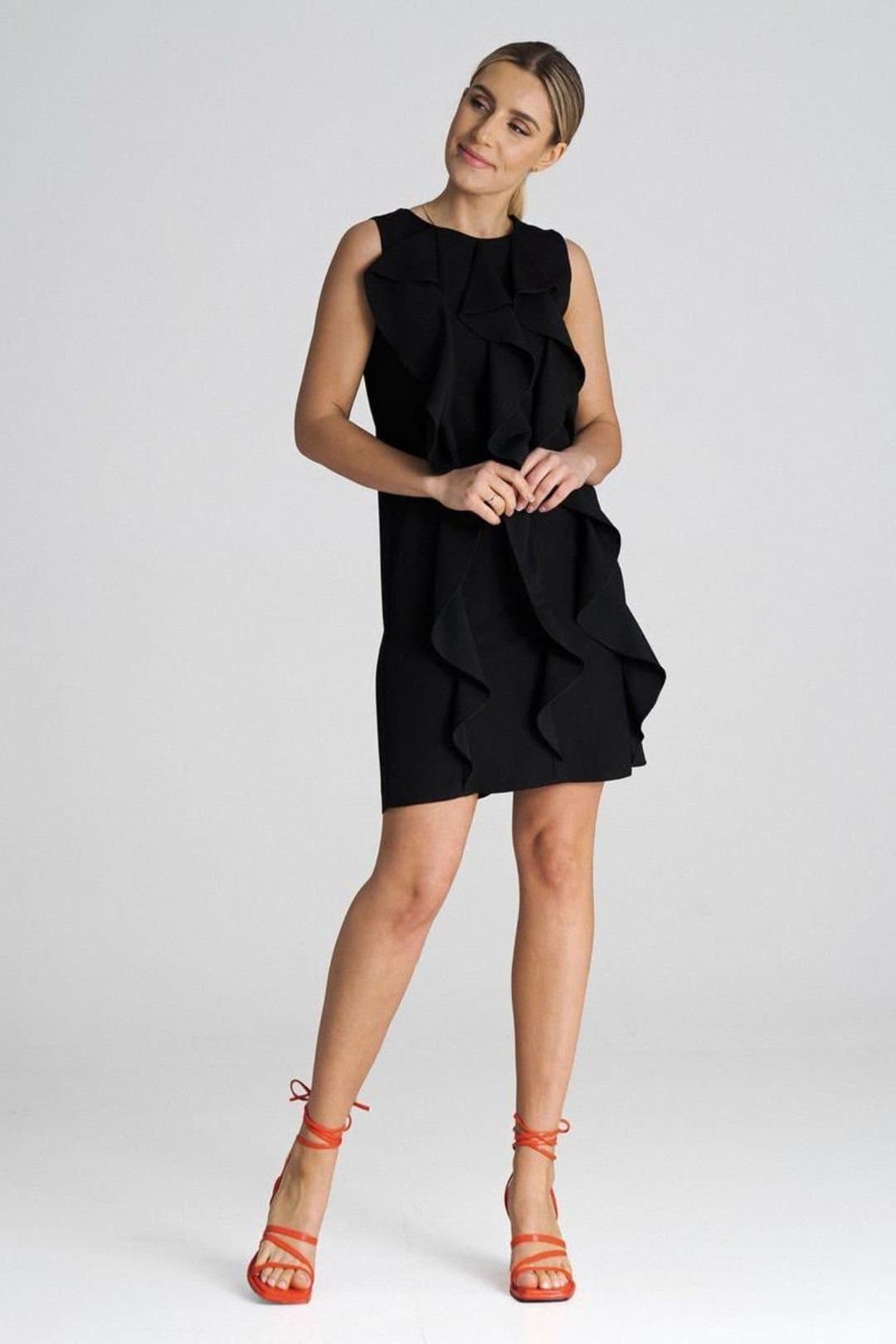 Love Lace Love Lace Women's Sleeveless Trapeze Dress With Vertical Ruffles in Black
