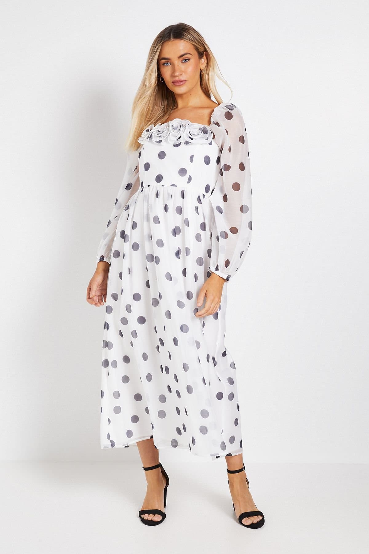 Dorothy Perkins Dorothy Perkins Women's DP Luxe Flower Detail Square Neck Printed Organza Midi Dress in Mono