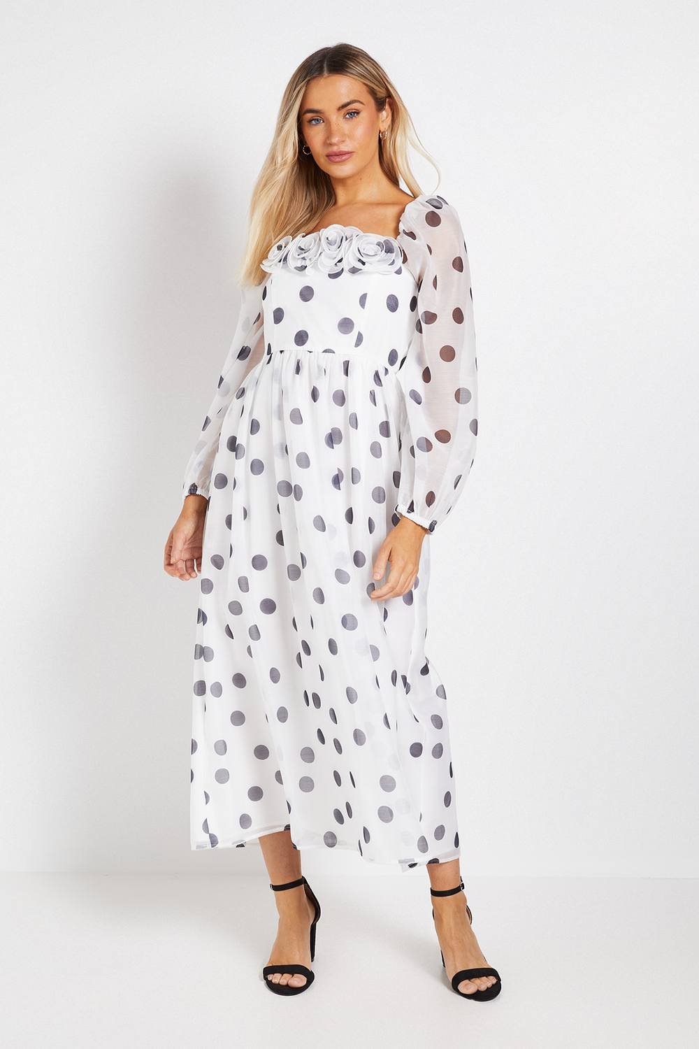 Dorothy Perkins Dorothy Perkins Women's DP Luxe Flower Detail Square Neck Printed Organza Midi Dress in Mono - 2