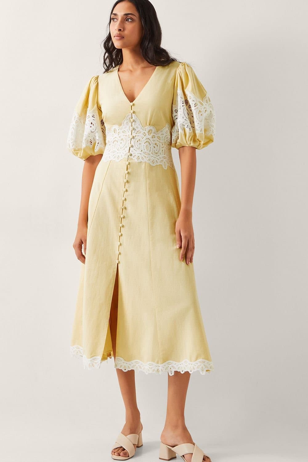 Monsoon Monsoon Women's Nancy Applique Puff-Sleeve Midi Dress Yellow