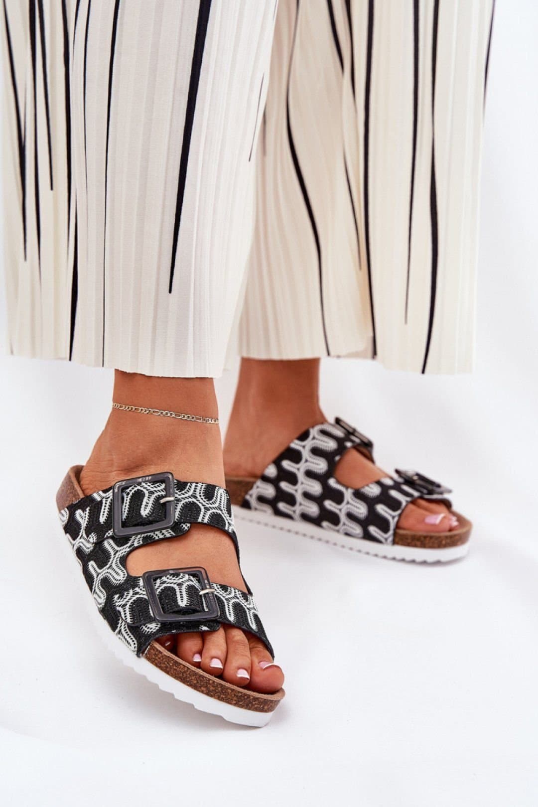 Love Lace Love Lace Women's Patterned Cork Platform Slippers with Sequin Buckle Straps in Black