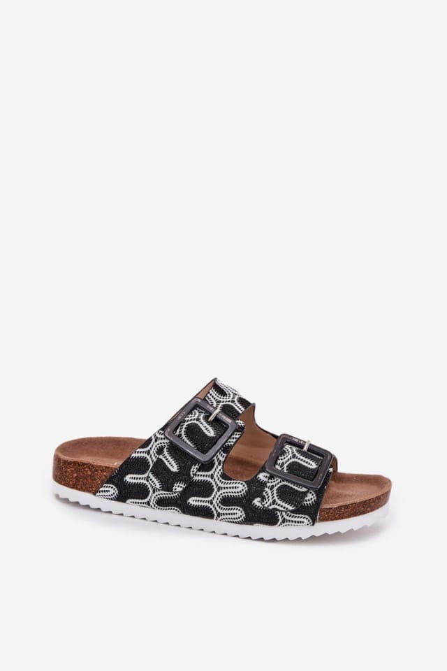 Love Lace Love Lace Women's Patterned Cork Platform Slippers with Sequin Buckle Straps in Black - 2