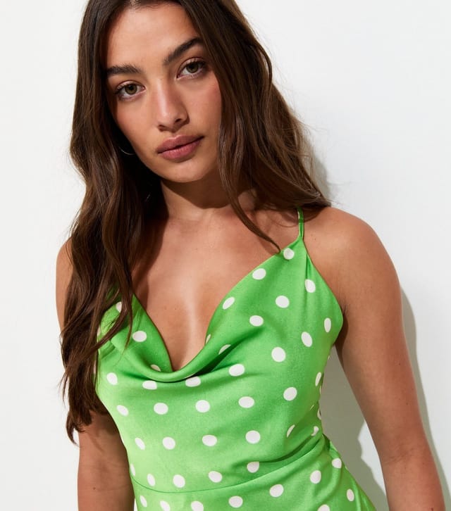 New Look Women's Green Polka Dot Satin Strappy Midi Dress New Look - 2