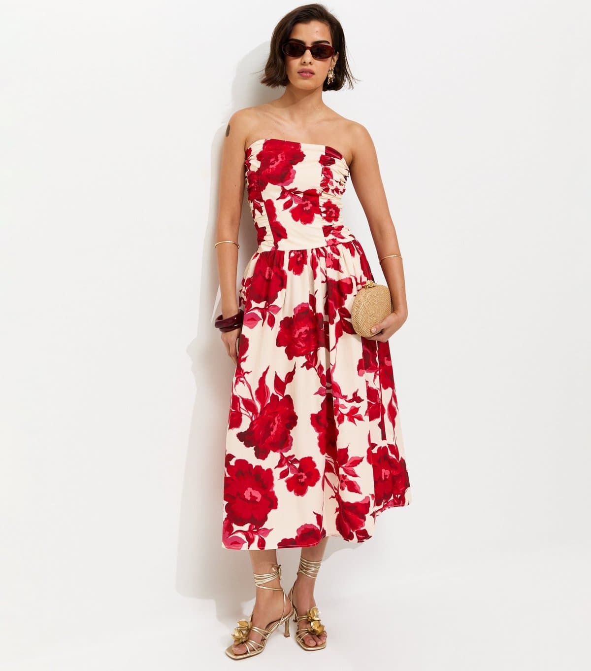 New Look Women's Pink Floral Print Ruched Bandeau Midi Dress New Look