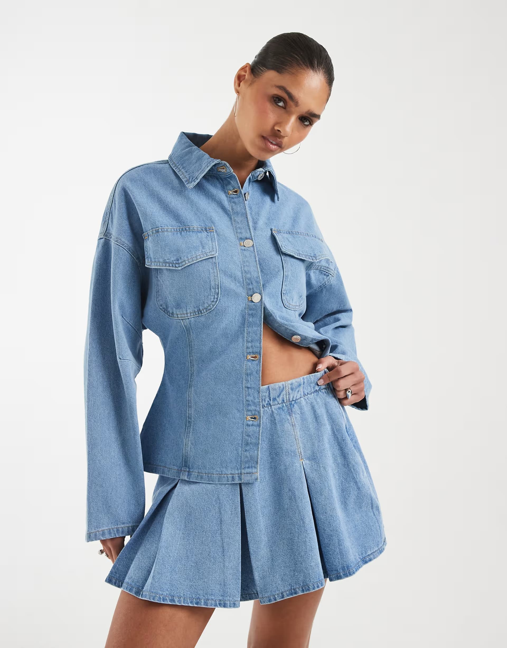 ASOS ASOS DESIGN box pleat mini skirt in light wash denim