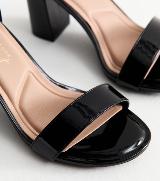 New Look Women's Wide Fit Black Faux Patent Leather Block Heel Sandals Vegan New Look - 3