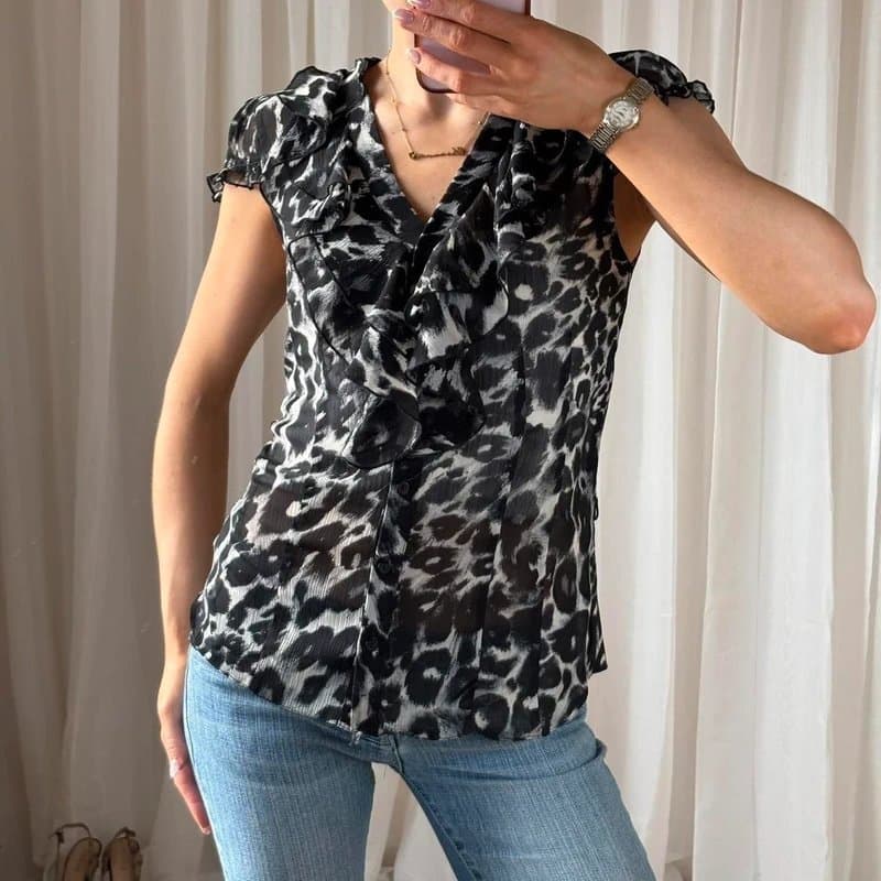 New Look Y2k sheer cheetah print ruffle shirt