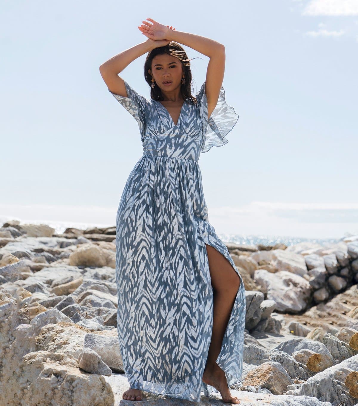Gini London Women's Blue Metallic Print Maxi Dress Gini London New Look