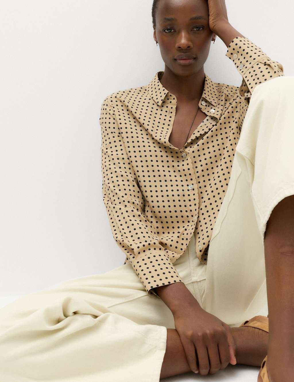 Marks & Spencer M&S Polka Dot Collared Button Through Shirt Natural Mix