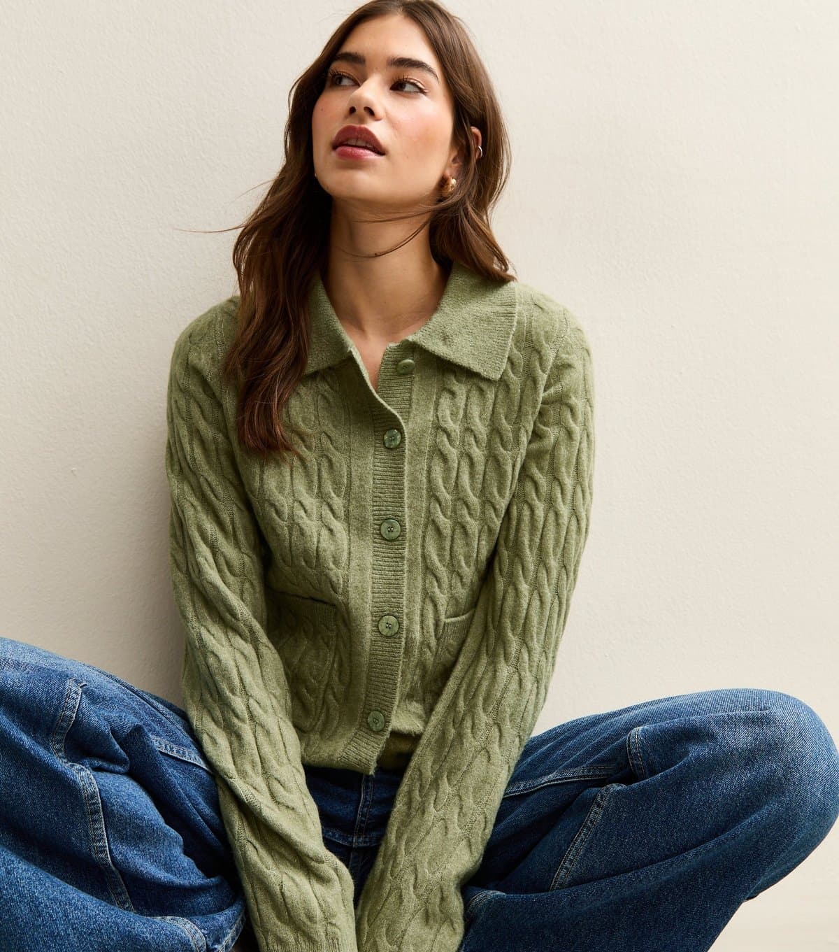 New Look Women's Green Cable Knit Collared Cardigan New Look