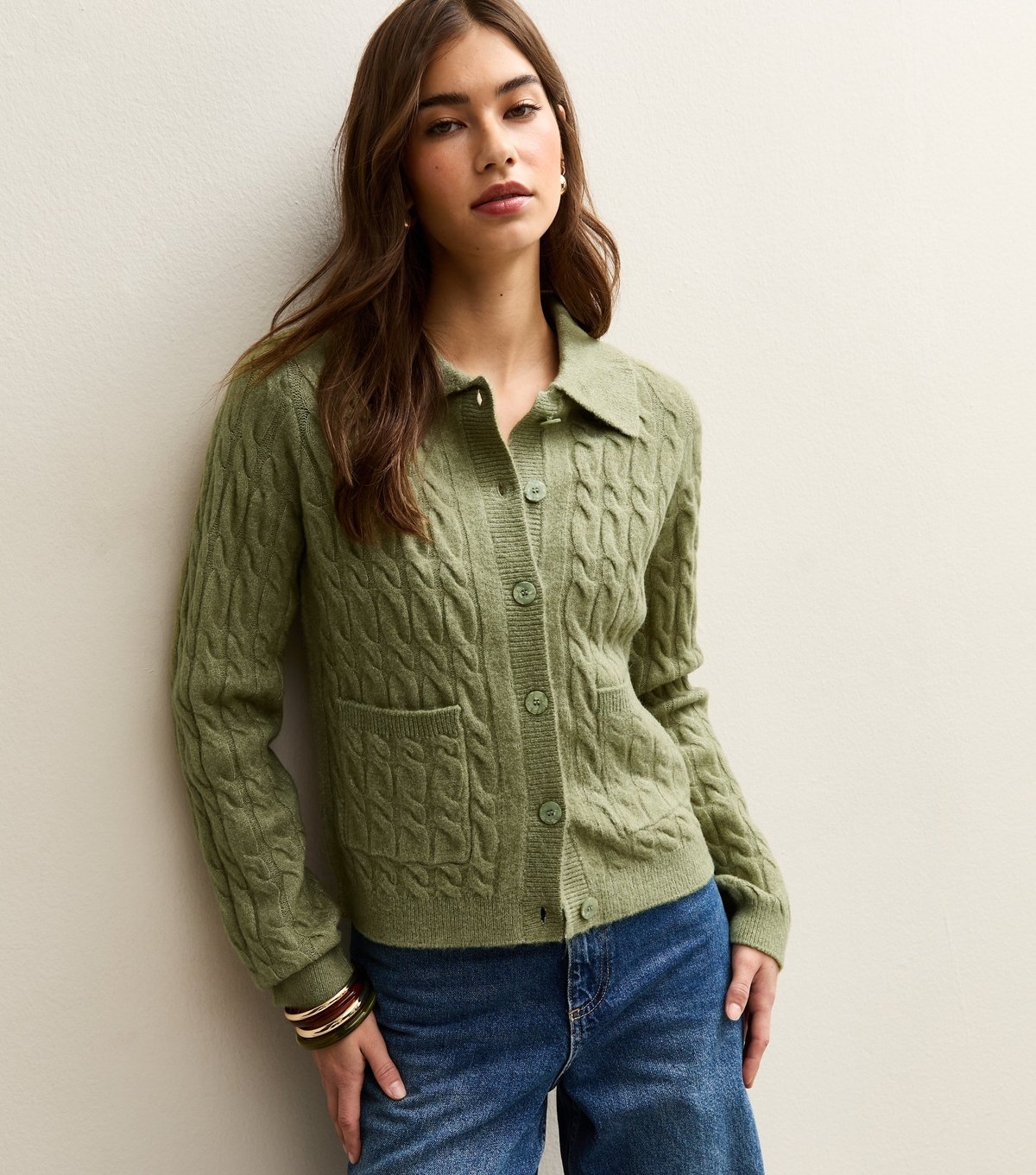 New Look Women's Green Cable Knit Collared Cardigan New Look - 2