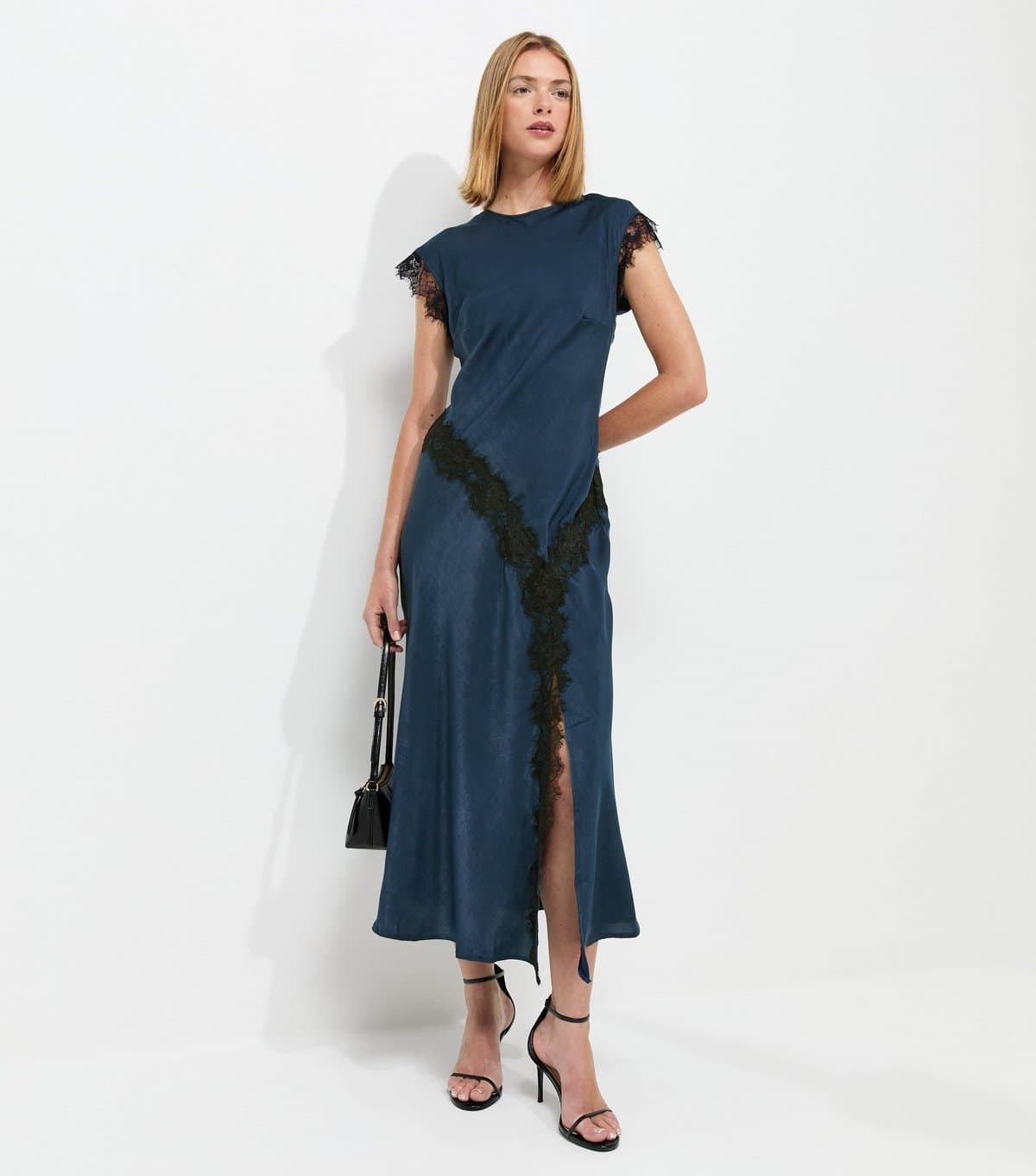 New Look Women's Navy Lace Trim Bias Cut Midi Dress New Look