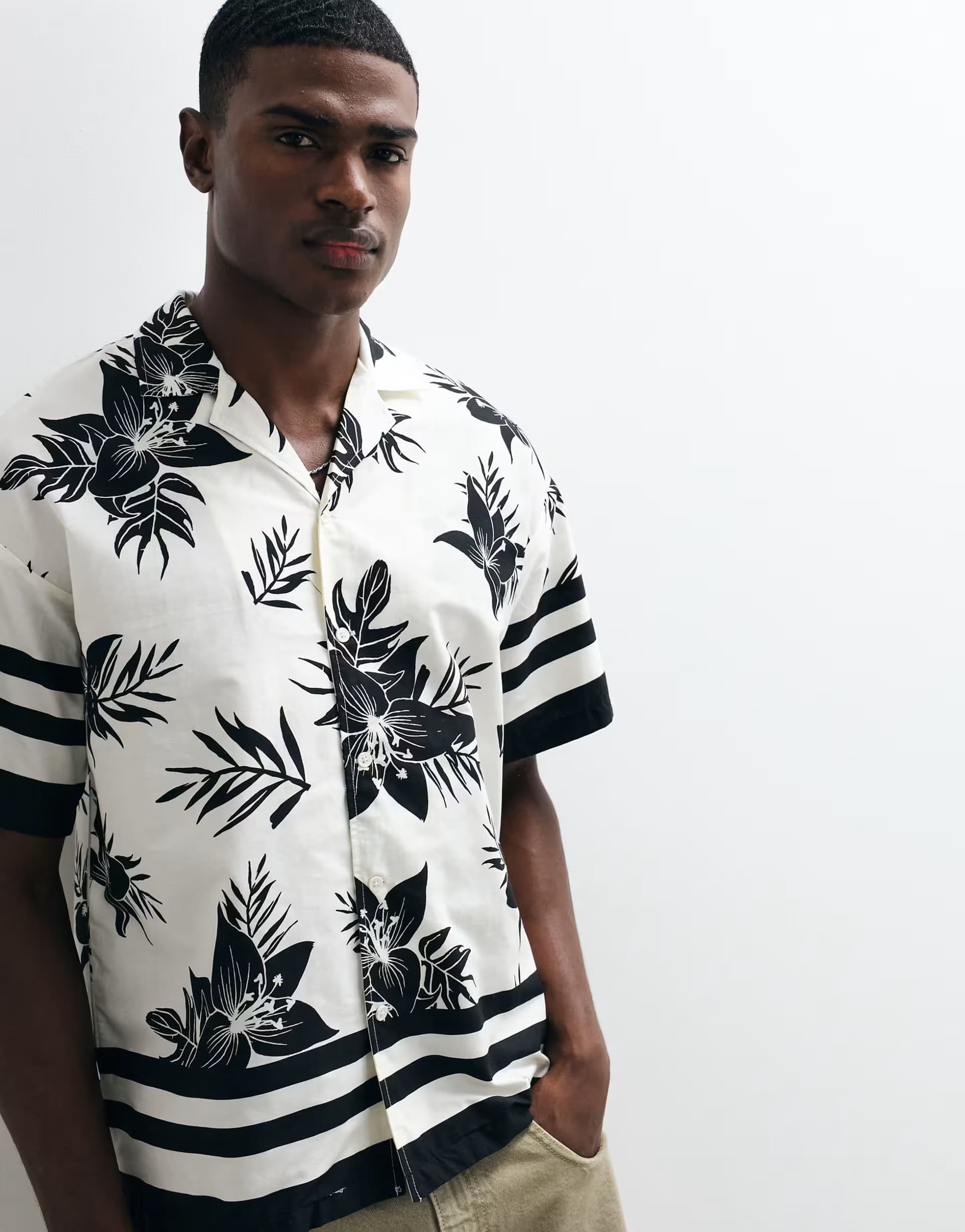 ASOS ADPT oversized revere collar shirt with floral print in black