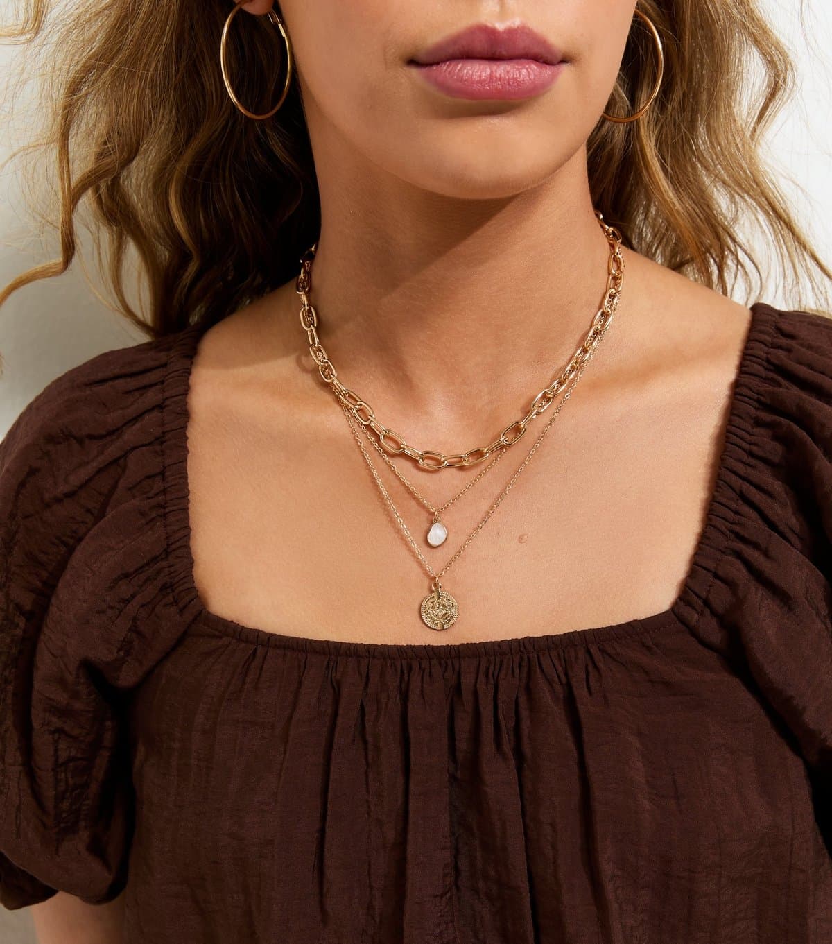 New Look 3 Layer Gold Tone Coin Pendant Chain Necklace New Look