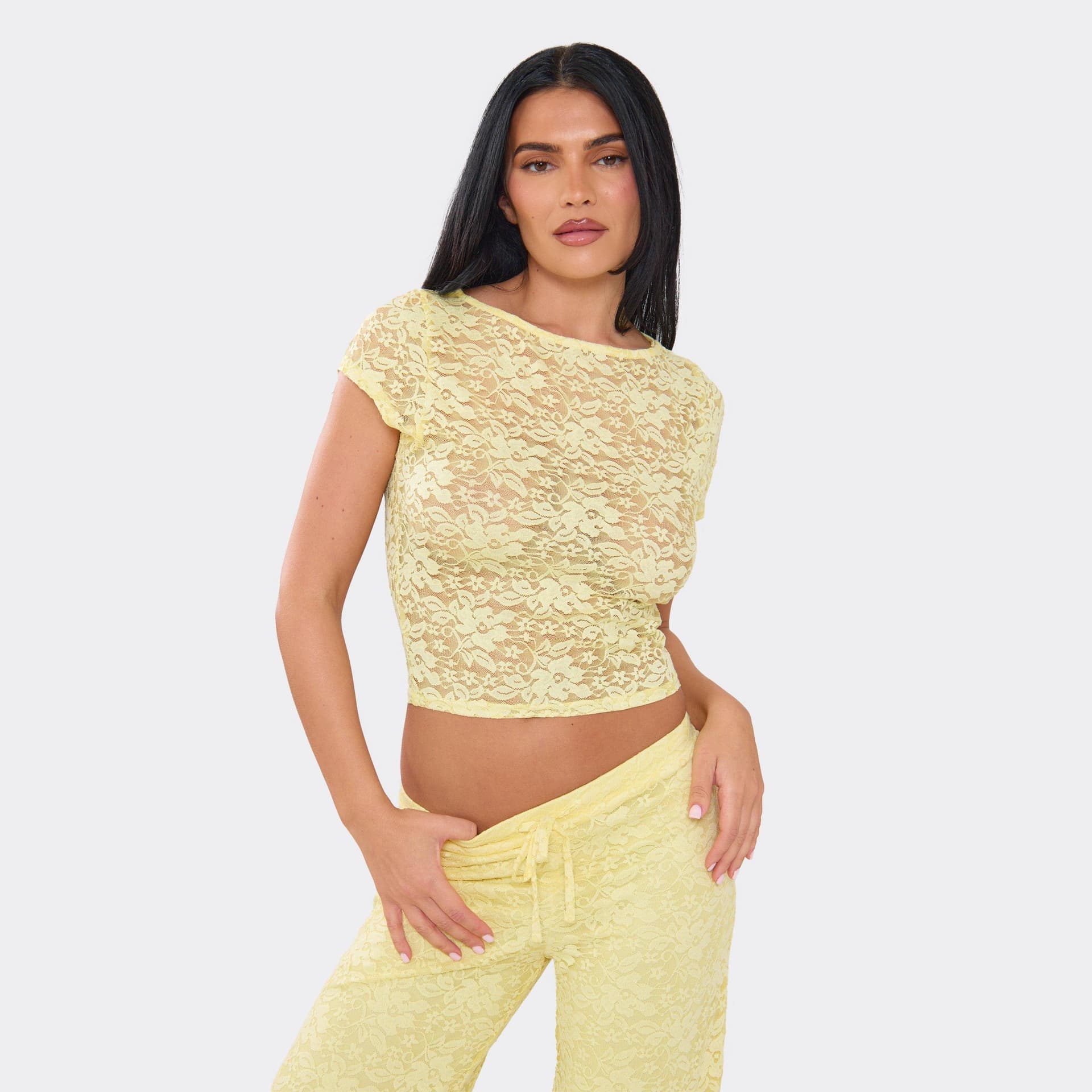 EGO Cap Sleeve Top In Lemon Lace, Women's Size UK 6