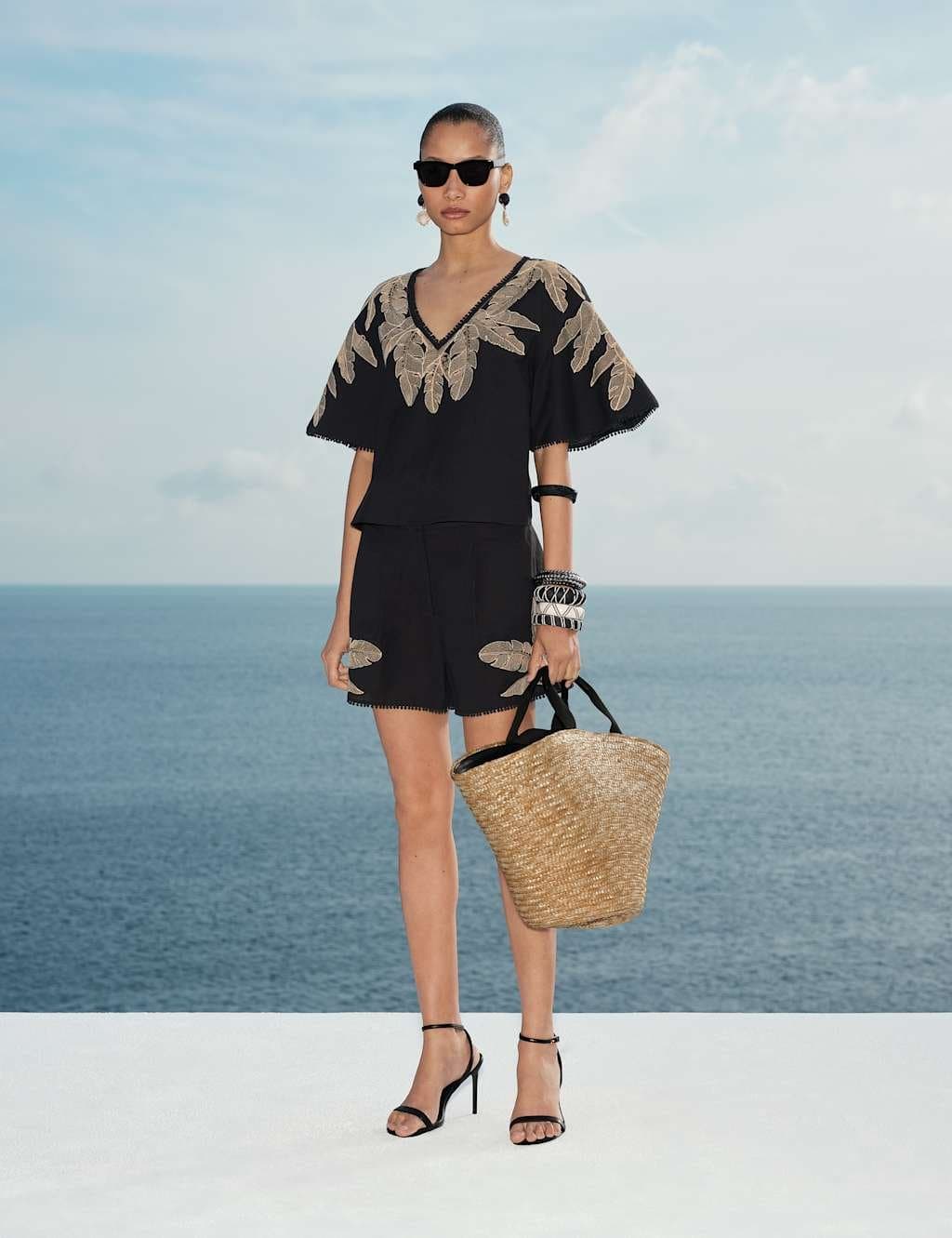 Marks & Spencer M&S Cotton Rich Palm Embroidered Beach Top Black Mix