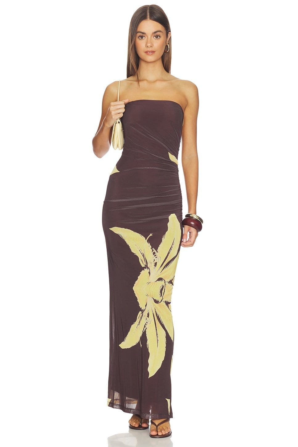 Revolve Chocolate Floral Bardot Mesh Dress