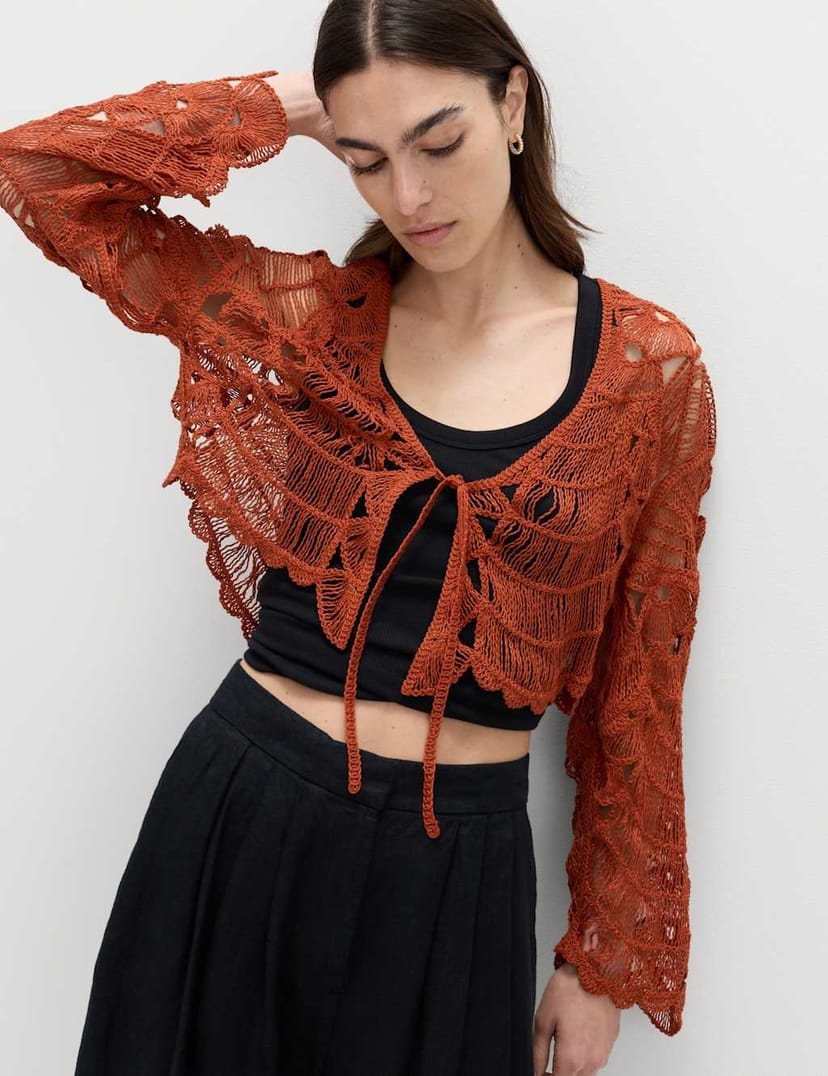 Marks & Spencer M&S Textured V-Neck Tie Front Cardigan Brandy - 1