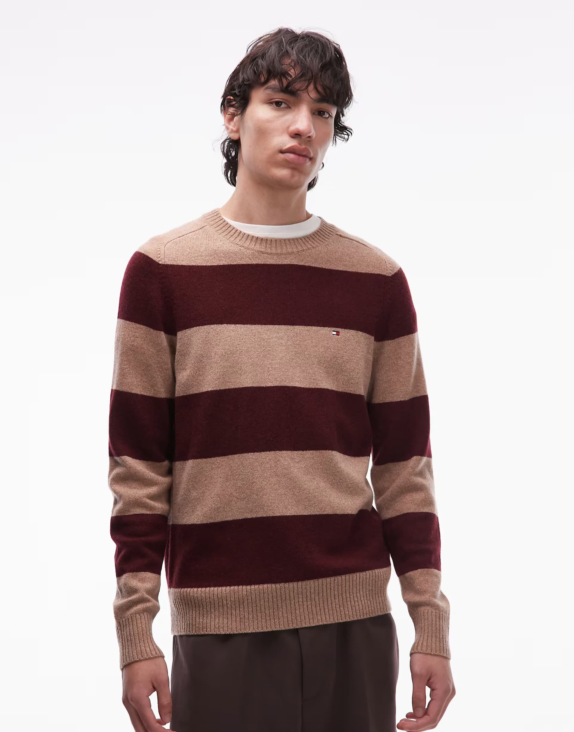ASOS Tommy Hilfiger lambswool stripe jumper in beige and burgundy