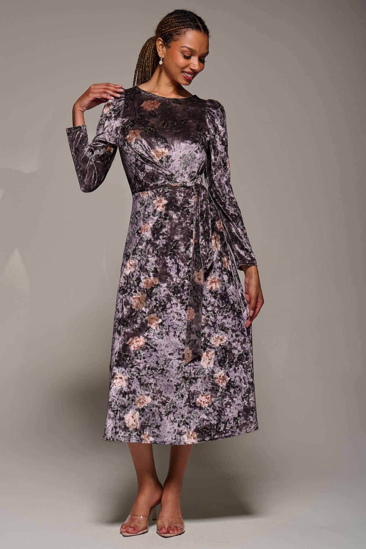 Jolie Moi Jolie Moi Women's Long Sleeve Velvet Tie Detail Midi Dress in Mauve
