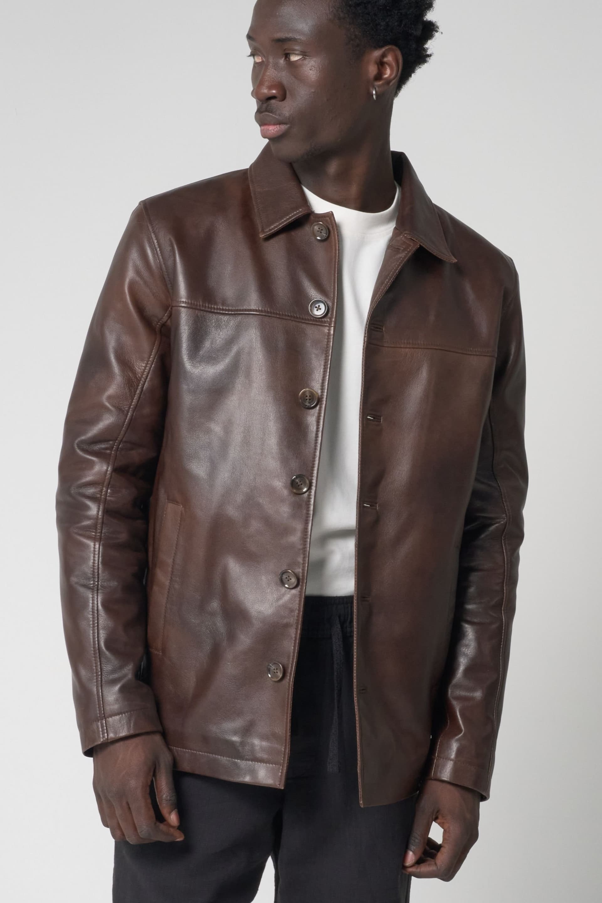 Barneys Originals Barneys Originals Men's Button Up Leather Reefer Jacket in Brown